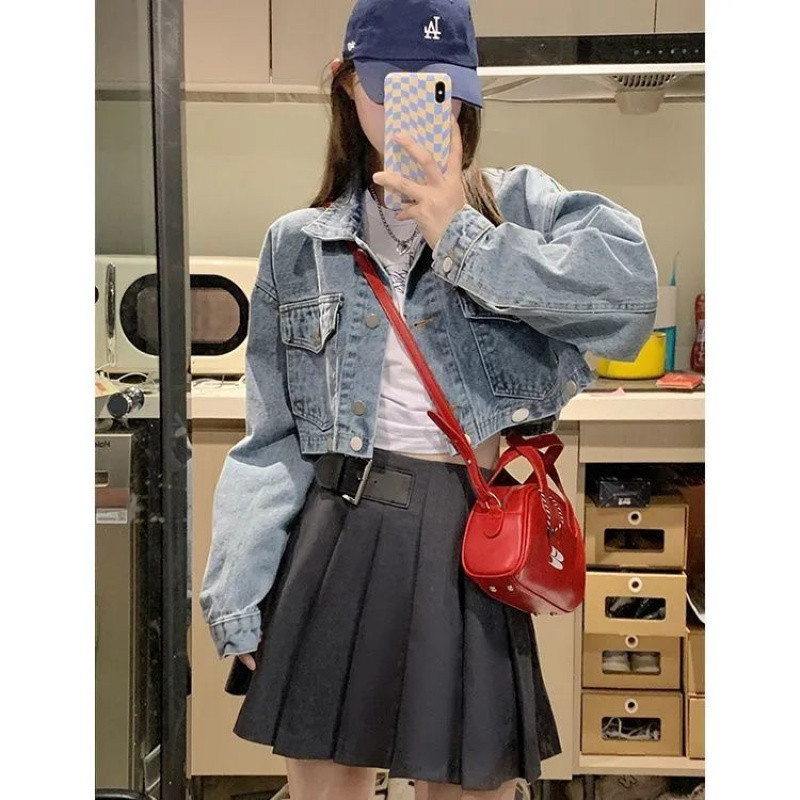 Design retro denim autumn demi-season removable jacket for students
