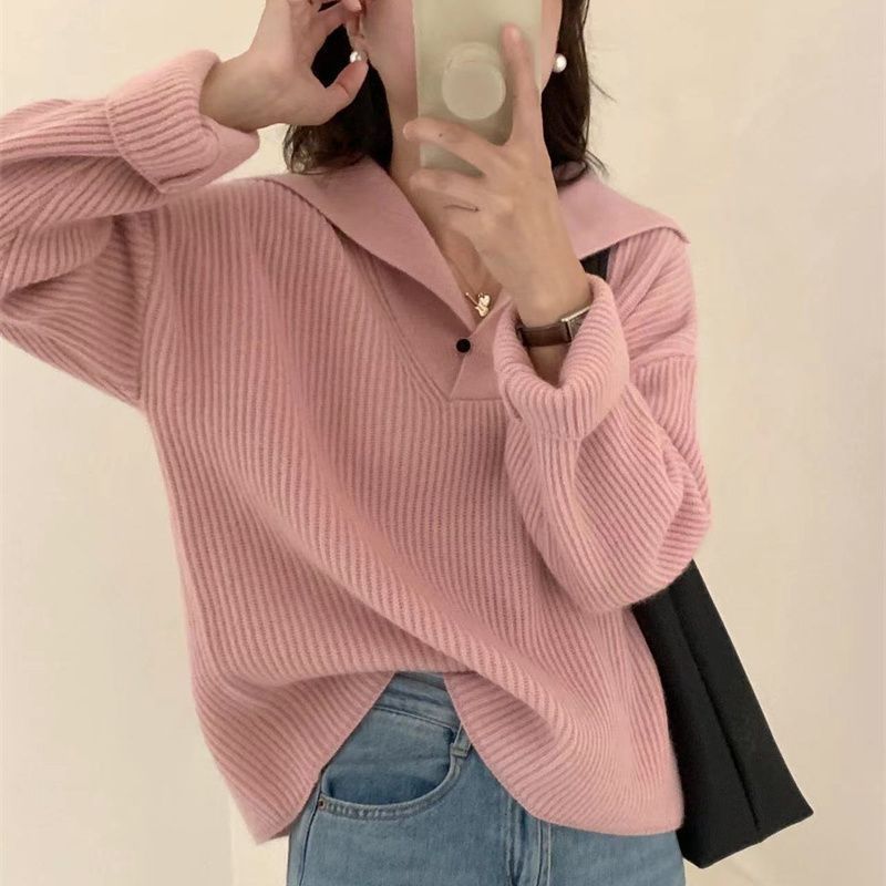 Poloシャツの襟をめくってニットのセーターのプルオーバーの新型の秋冬の女性のvネックのデザイン感の小さい大衆のゆったりしている怠惰な上着|undefined