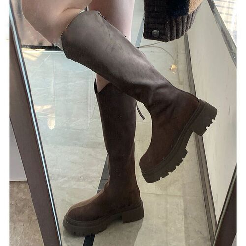 New thick-soled, high-top, wide-leg, figure-flattering, neo-Chinese velvet stretch boots—women’s long equestrian boots.