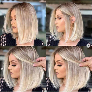 Cross-border wig European and American women's fashion chemical fiber headgear Brown mixed color short straight hair bob factory in stock direct sales