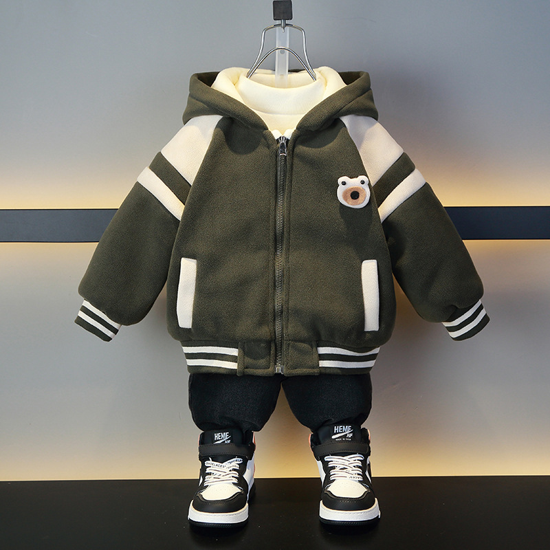 소년 곰 코트 2024 년 가을과 겨울 새로운 어린이 기모 두꺼운 최고의 동계 올림픽 곡물 양털 후드 옷