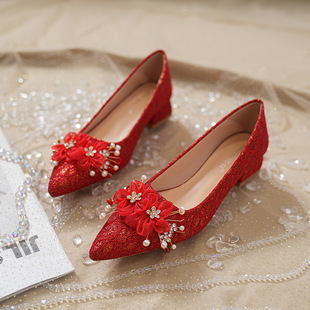 Red wedding shoes women's wedding dress xiuhe two-wear bride shoes 2024 French high heels thick heel plus size women's shoes 41-43