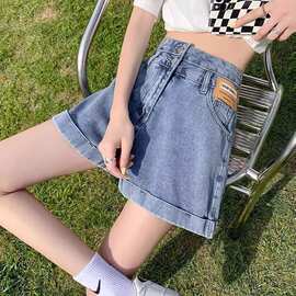 夏天薄款牛仔短裤女超高腰小个子宽松显瘦翻边百搭a字阔腿热裤子