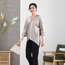 夏季新款真丝衬衫女V领桑蚕丝缎面衬衣纯色套头宽松大码休闲女装