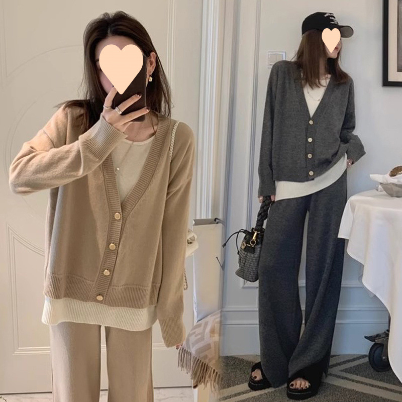 임산부 정장 2025년 신상 봄 가을 패션 트렌디 가을 겨울 니트 스웨터 상의 및 바지 투피스 정장