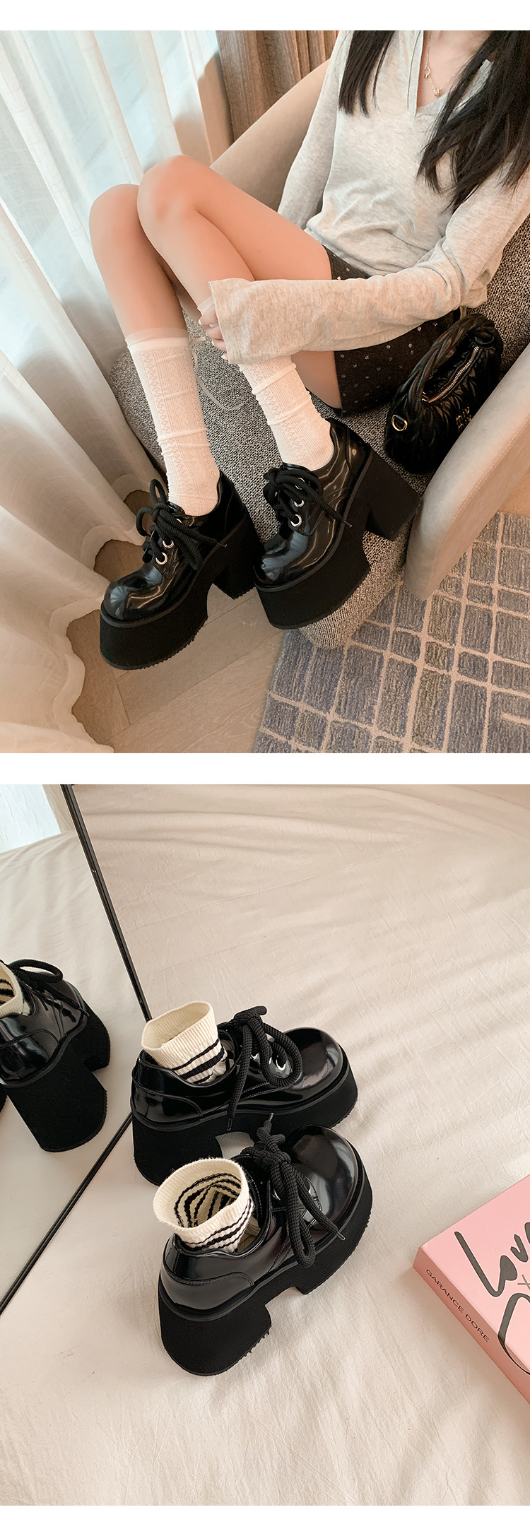 Giày loafer nữ gót vuông 10 cm đế platform dây buộc mũi sâu — màu đen chi tiết 6
