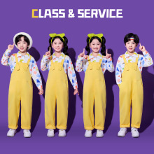 儿童啦啦队演出小清新黄色背带裤套装小学生运动会开幕式表演班服