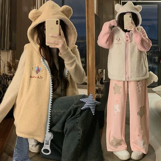 实拍 慵懒风小熊耳朵连帽马甲棉服羊羔毛休闲显瘦秋冬棉衣卡其色