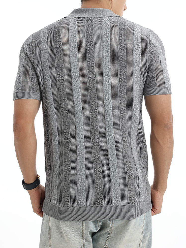Europa y América hombre hielo de punto camiseta polo de manga corta Jacquard rayas con cuello superior de negocios casual hombre