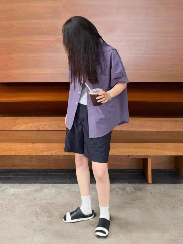 日系短袖紫色衬衫上衣女款夏季2025新款宽松复古休闲设计高级衬衫|undefined