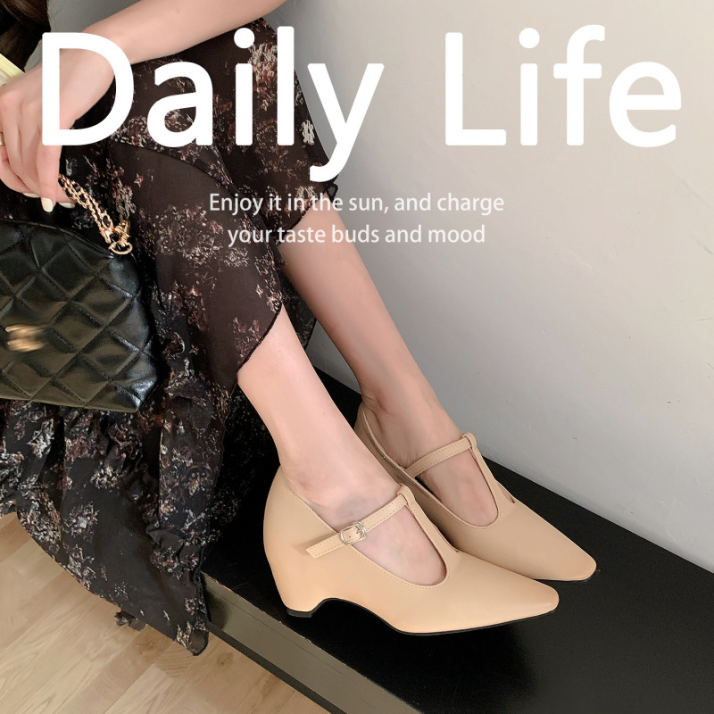 Pointed-Toe T-Strap Wedge Heels, Comfortable Nude-Colored High Heels, 9cm Height-Increasing French-Style Mary Jane Shoes for Women