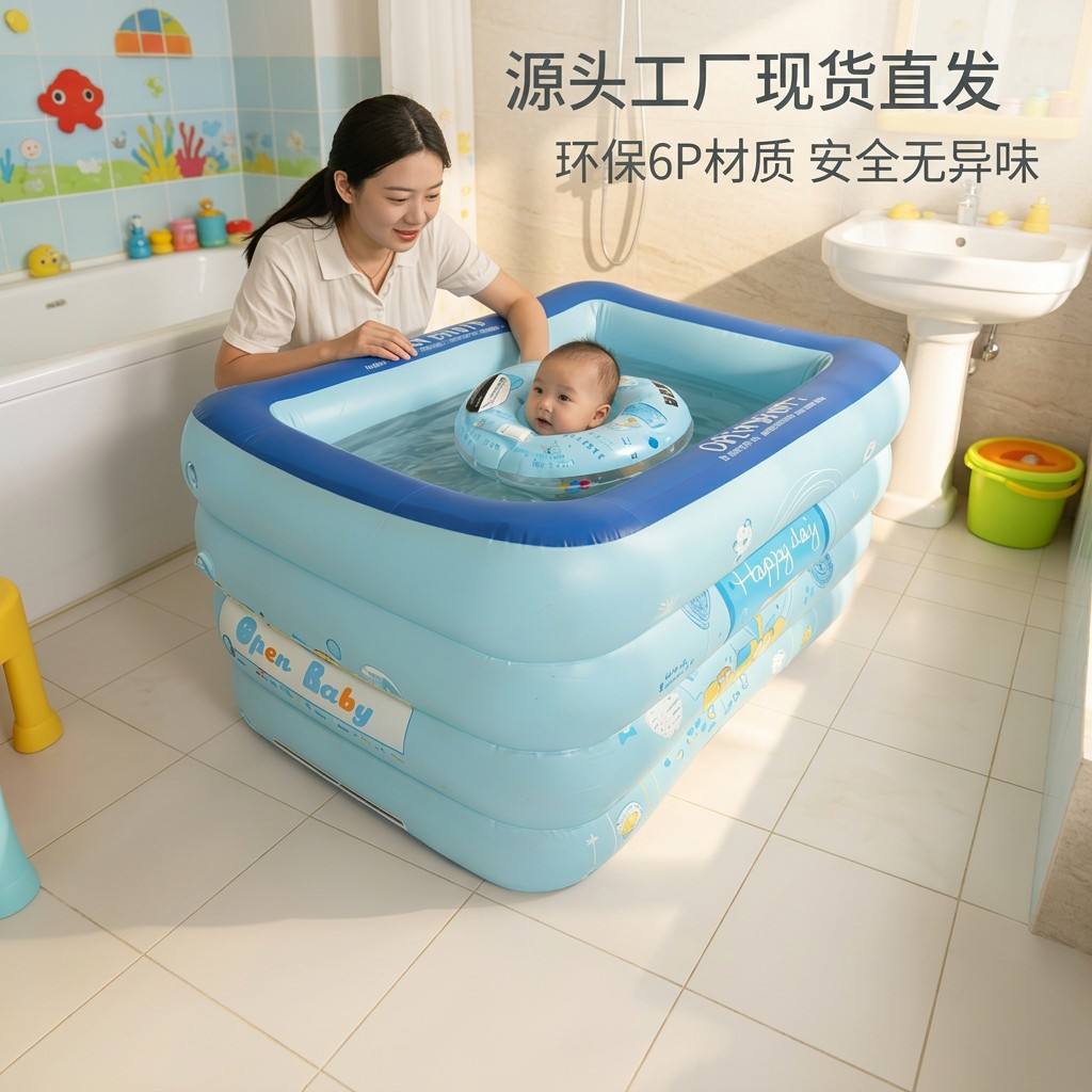 Factory direct, inflatable baby swimming pools with neck rings, thickened PVC eco-friendly 6P wading pools, wholesale.
