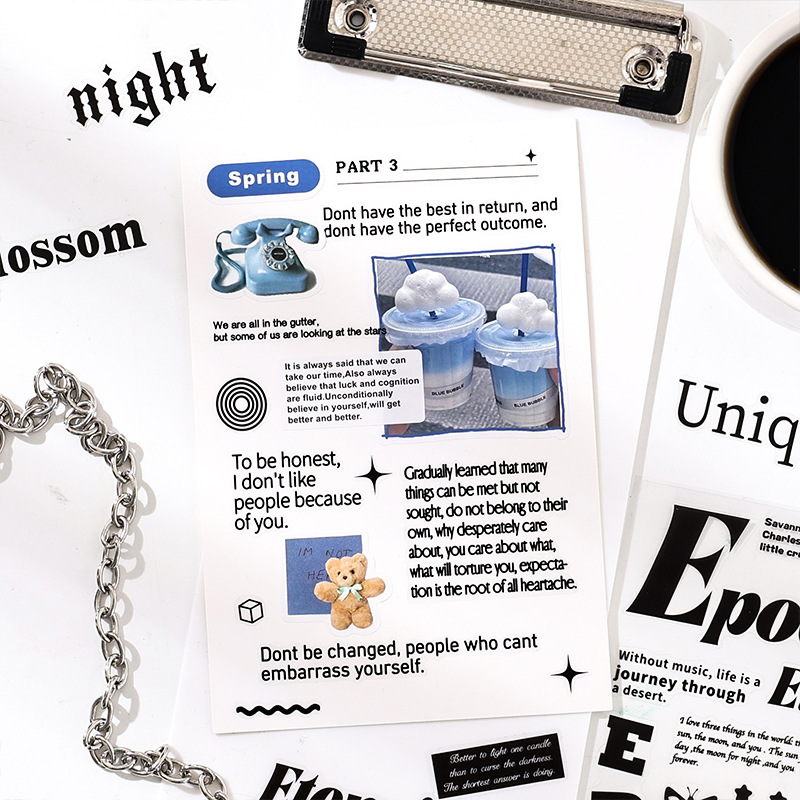 Impresión creativa Pegatinas de pet transparentes a prueba de agua Pegatinas de diario de bricolaje Pegatinas de letras negras en inglés transfronterizo