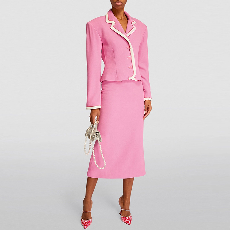 Women's Clothing star fashion white edge contrast small suit jacket mid length skirt suit two piece suit_voghion.com