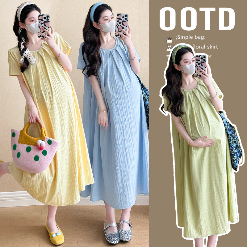 Maternity 2025 Summer New Elegant Temperament Chiffon Mid-length Loose plus size Pregnant Women dress Belt