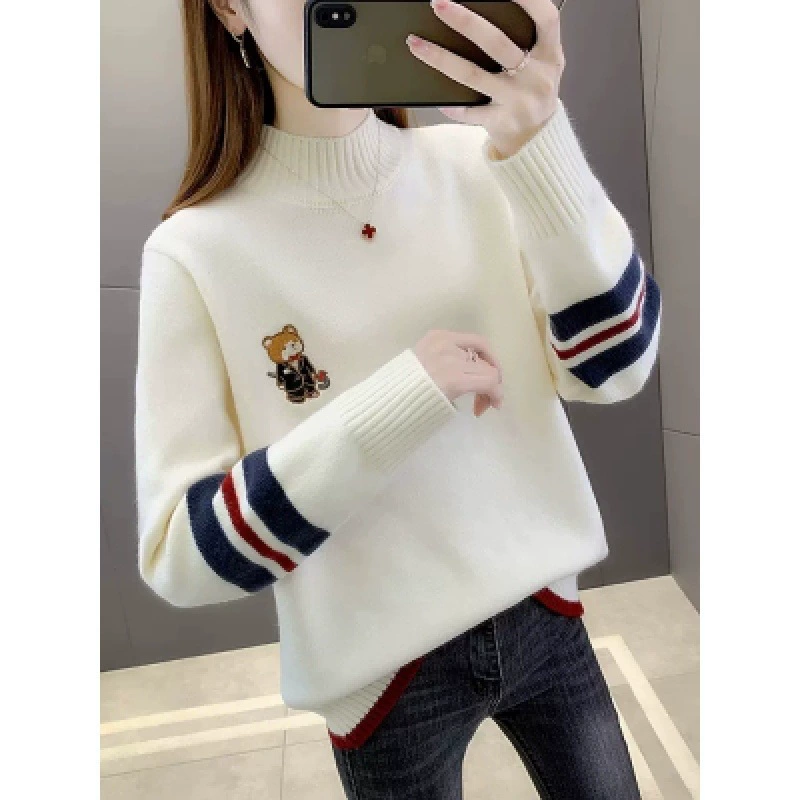Свитер-водолазка с мультяшной вышивкой, женский свободный свитер, Осень-зима 2023, Новый универсальный базовый свитер, толстый Топ