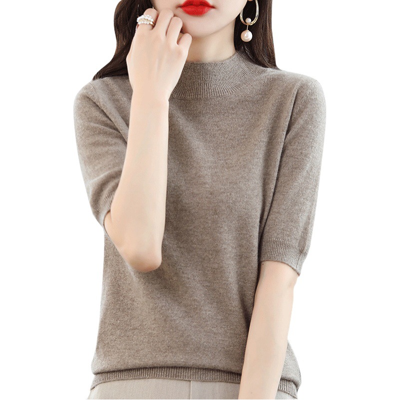 Spring and Summer Loose-Fitting Versatile Knitted Short-Sleeve Women's Plus-Size Round-Neck Solid Color Base Shirt Knitted T-Shirt Thin Style Sn660