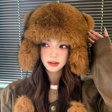 新款冬季加厚小浣熊防风寒护耳帽子可爱狐狸耳朵显脸小毛绒雷锋帽