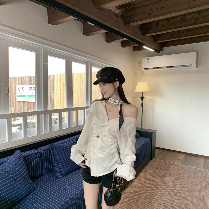 设计感褶皱长袖衬衫女2025秋季新款韩系小众心机修身显瘦别致上衣|undefined