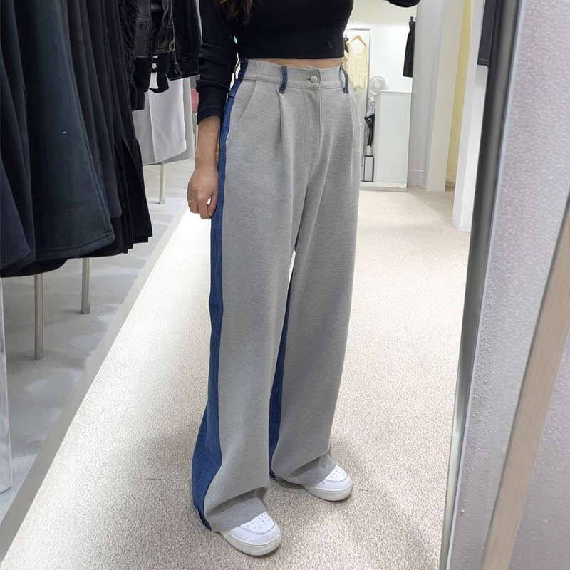 东大门ins秋装新品韩版高腰小众前后撞色拼接卫裤阔腿牛仔裤长裤|undefined