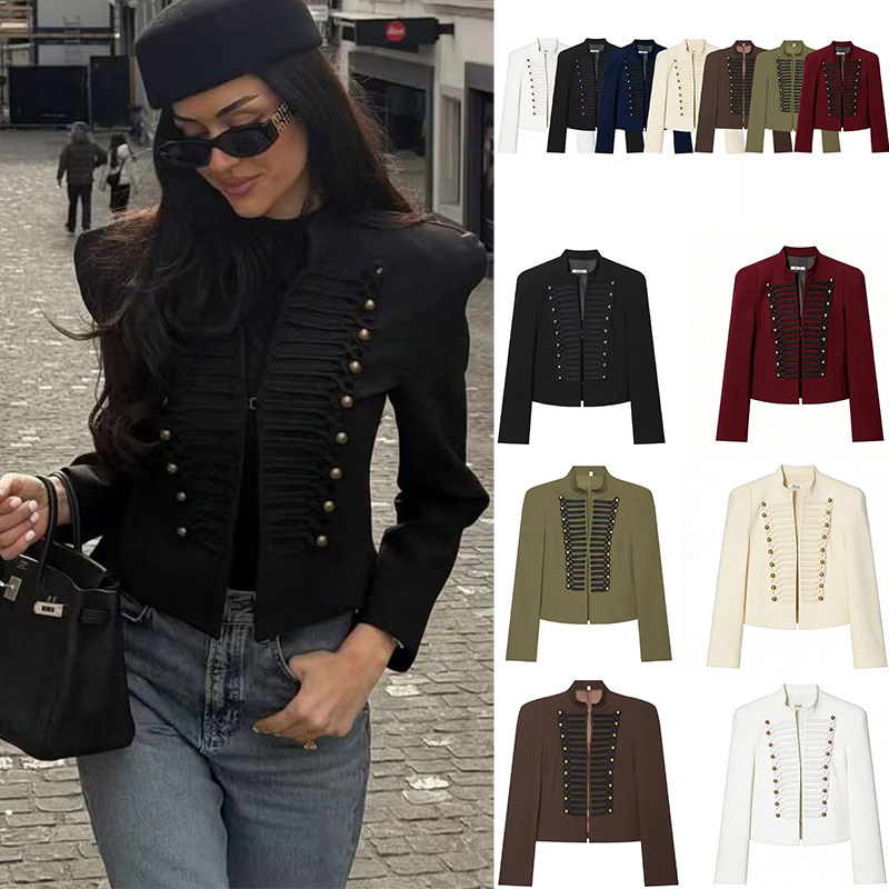 Slim-Fit Blazer with Shoulder Pads 4840798 Dark Gothic Style Short Blazer with Stand-Up Collar and Metal Buttons, Slimming Effect Slim-Fit Blazer with Shoulder Pads 4840798 Dark Gothic Style Short Blazer with Stand-Up Collar and Metal Buttons, Slimming Effect
