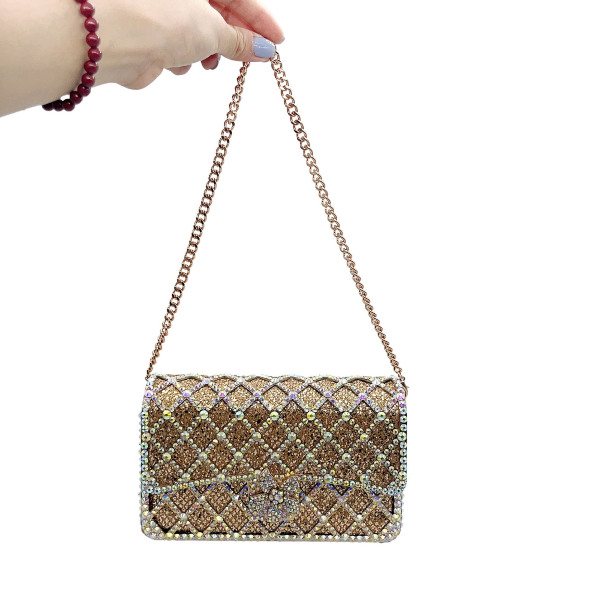 Túi clutch nữ đính đá rhinestone dạ tiệc kiểu Âu Mỹ, tay cầm và đeo vai — Vàng kim AB, Bạc AB, Màu xanh lam, Màu xanh lá chi tiết 8