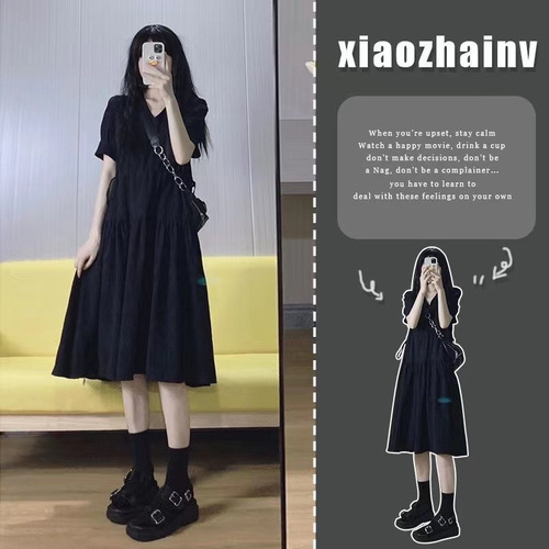 Pregnant women's summer dress, knee-length, trendy mom fashion, temperament loose black dress, stylish and slimming