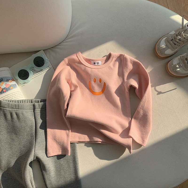 2022 Otoño e Invierno niños cepillado camisa de fondo niños y niñas de estilo coreano cara sonriente SLIM-Fit Camiseta de manga larga bebé engrosada t