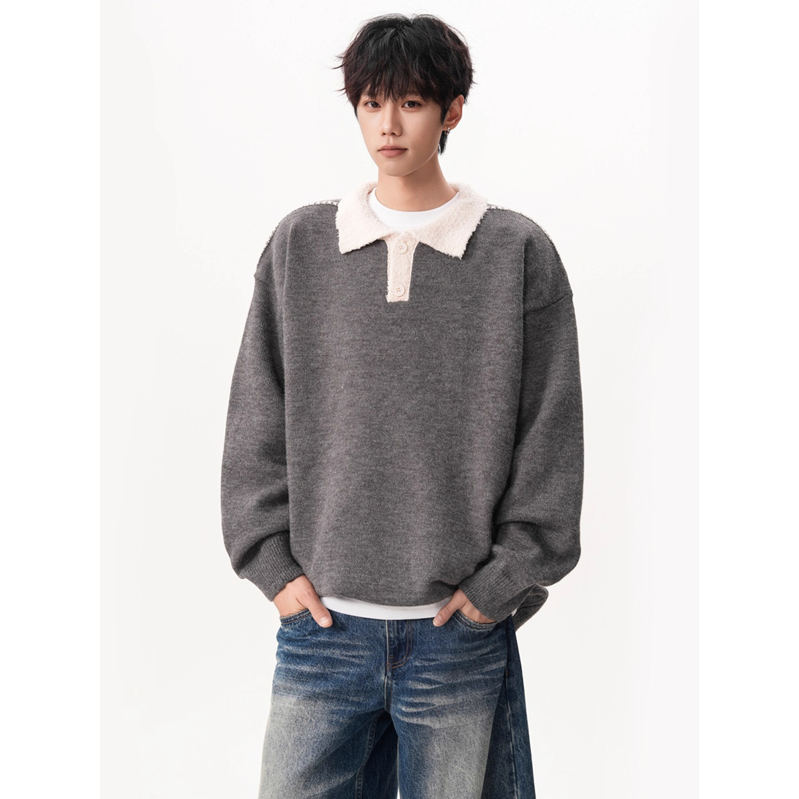 Suéter de Punto con Cuello Polo para Hombre Poliéster Transpirable Térmico para Uso Casual image 7