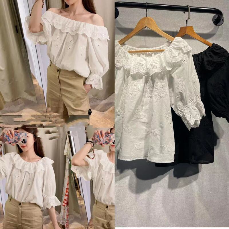 Os French Shirt Women's Spring & Fall High-End Pure Cotton Cut Out Ruffle Embroider French Spoon Collar Three-Quarter Sleeve Shirt