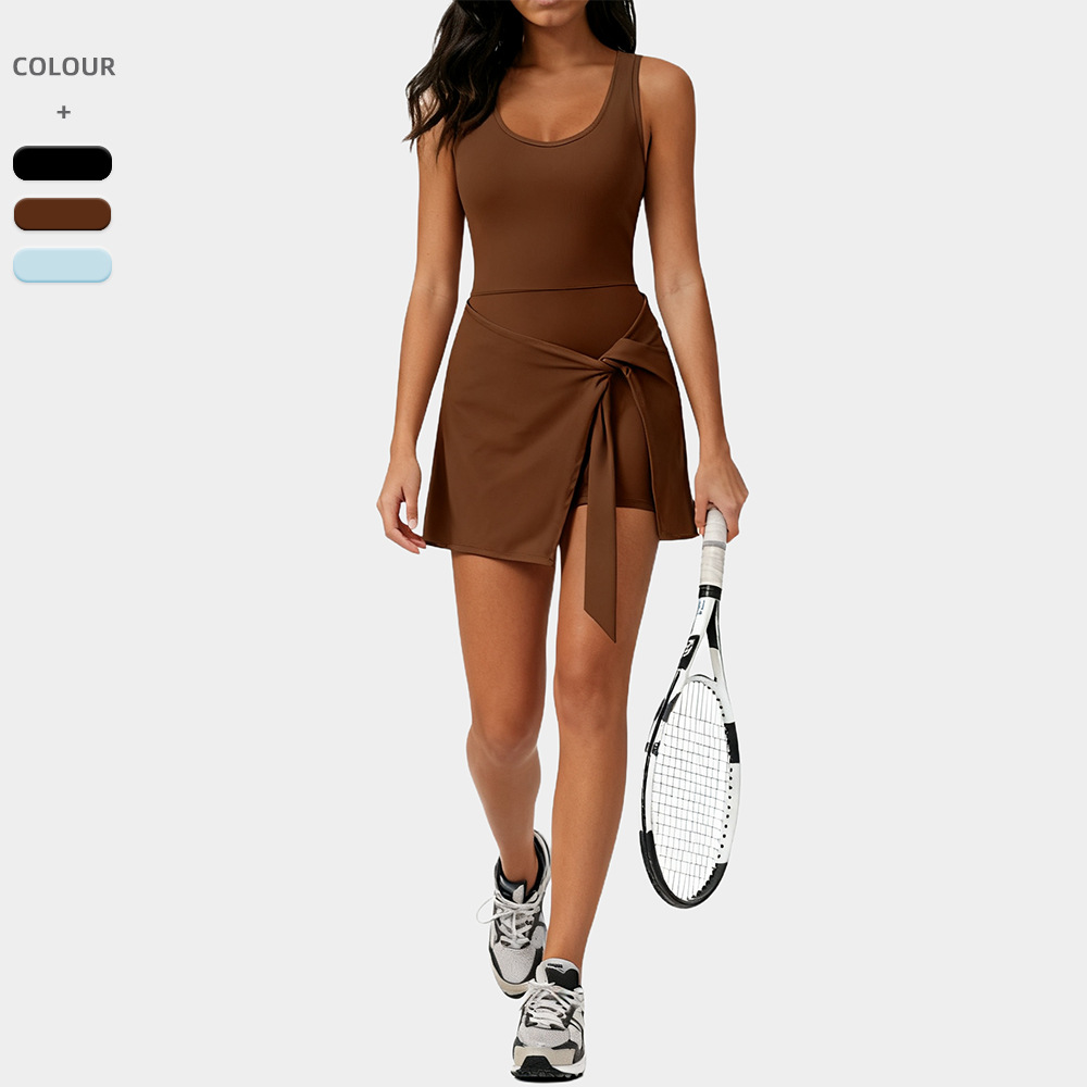 Cross-Border Tennis Dress Sleeveless Tie-Up One-Piece Skirt Women's Quick-Drying Yoga Wear Sports Bow Anti-Exposure Skirt Pants 8607
