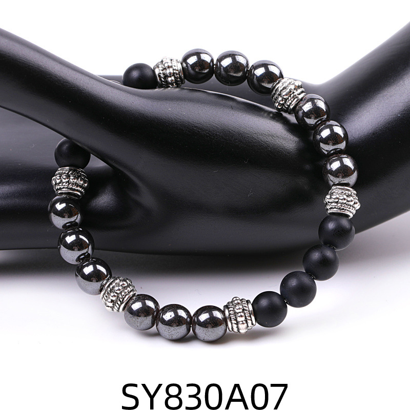 SY830A07 Frosted Black Stone + Black Iron Ore Drum Bead Bracelet
