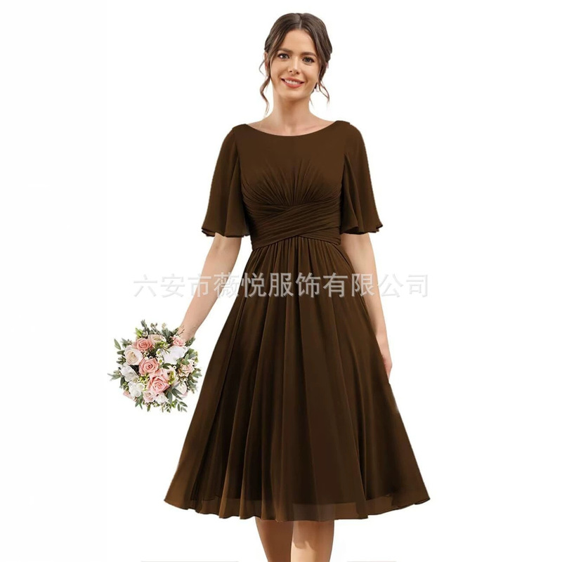 Cross-border Amazon butterfly sleeve short bridesmaid dress with pleated design, chiffon formal evening dress, elegant and slim-fitting