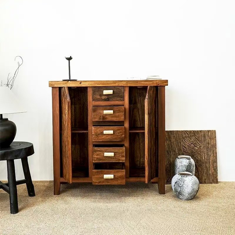 Wabi-Sabi Style Old Elm Sideboard Solid Wood Drawer Storage Cabinet Retro B&B Hotel Side Cabinet Living Room Storage Cabinet