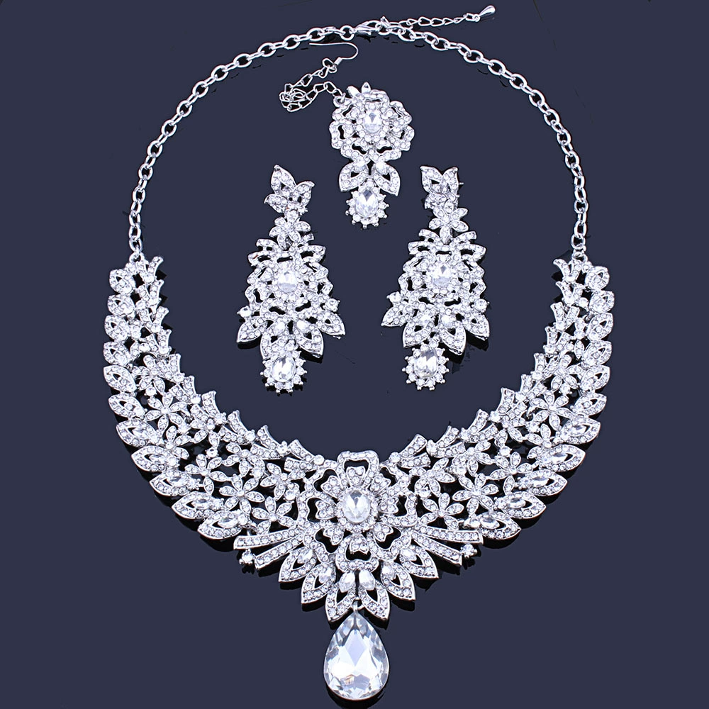 Jewelry for bride, necklace and earrings, set, dress, accessory, European style, India, 3 piece set, light luxury style