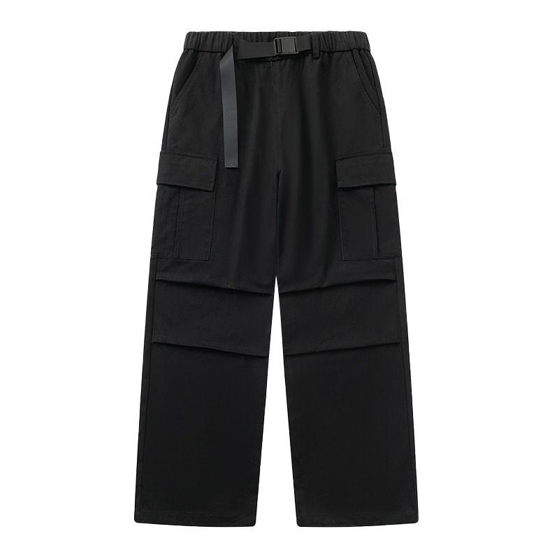 Solid color cotton straight leg workwear pants 2024 buckle waist belt pleated personalized straight leg wide leg pants_voghion.com