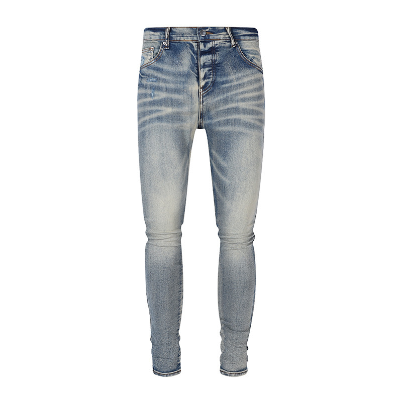 European and American High Street Trendy Brand New Light-Colored Distressed Jeans for Men, Stretchy Slim-Fit Skinny Pants