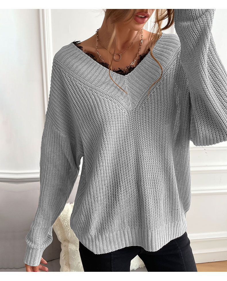 Maglione pullover lavorato a maglia con scollo a V in pizzo patchwork tinta unita_voghion.com