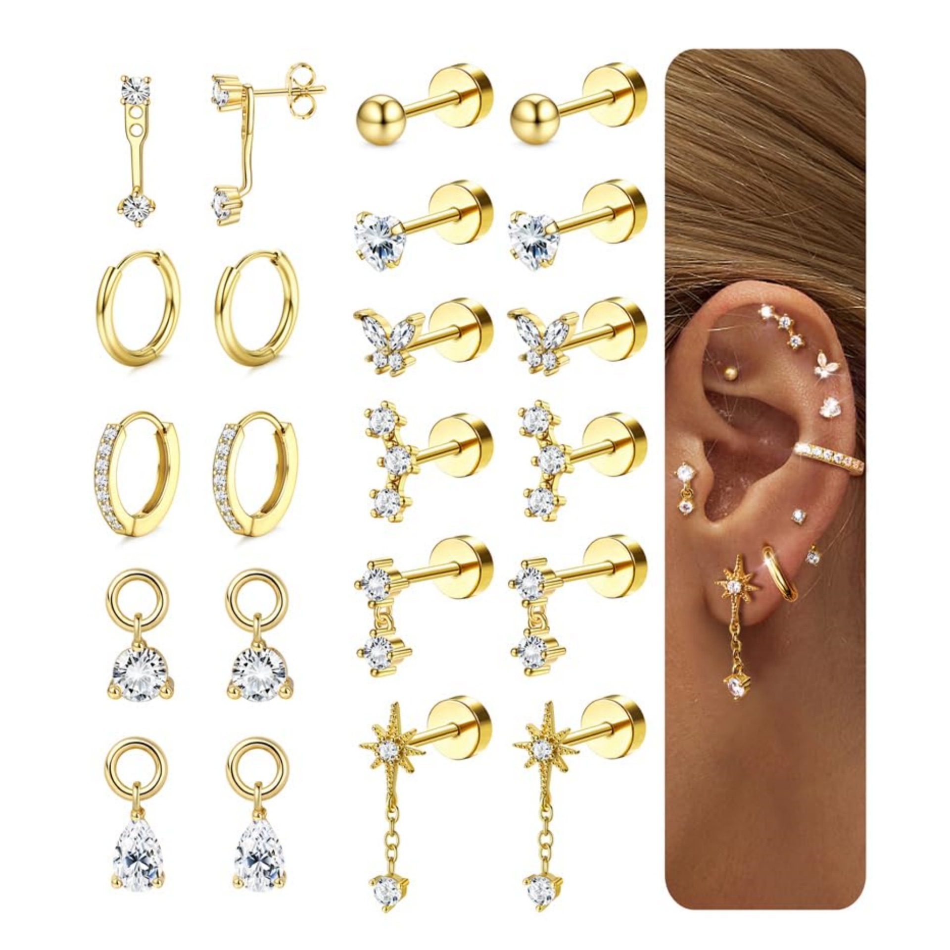 Set di orecchini da donna in ottone con zirconi, composto da clip e cerchi, placcati in oro autentico e dal design geometrico unico, perfetti per feste e matrimoni._voghion.com