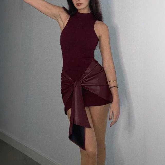 Women's Solid Color Sleeveless Mini Dress Front Tie PU Decoration Faux Two Piece_ecoleips.com