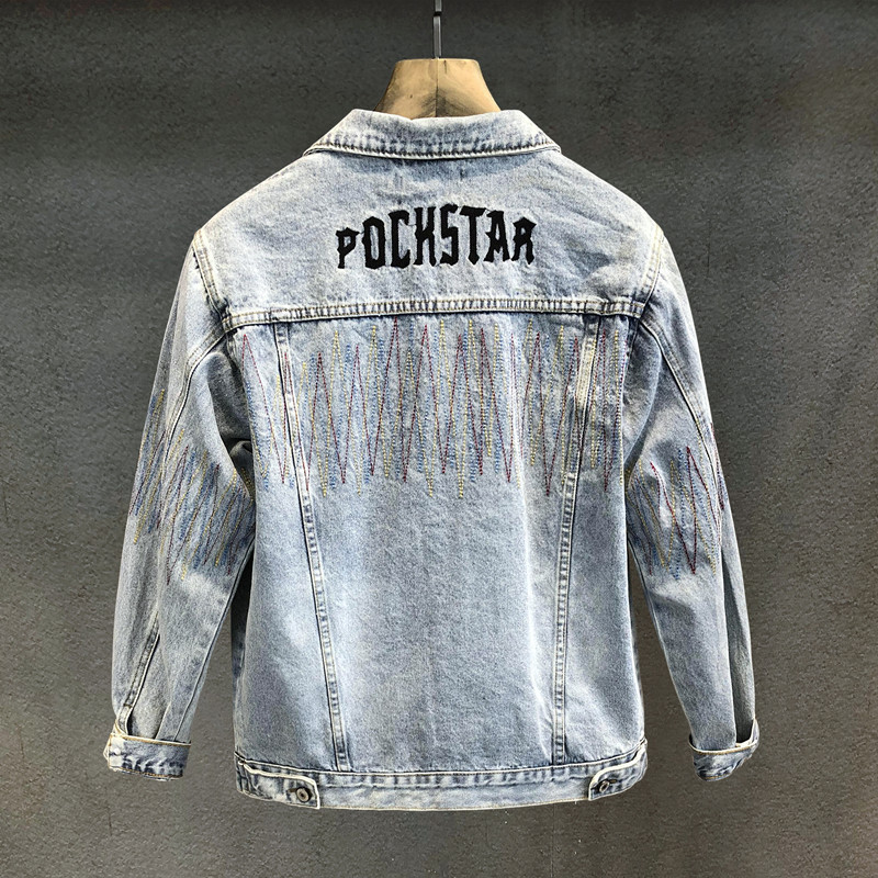 American Style Retro Nostalgic Washed Trendy Embroidered Denim Jacket Men's Spring and Autumn Loose Casual Jacket for Men