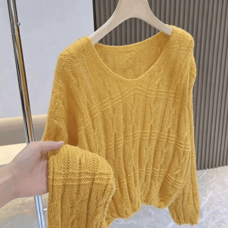 Women's trendy hollow-out sweater for commuting, casual Korean style, new long-sleeve knitwear with cable pattern, versatile spring top with a shawl collar