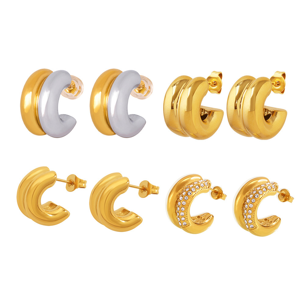 Square Sugar INS Wind Double Layered C-shaped Diamond Studded Earrings For Women Stainless Steel Jewelry_voghion.com