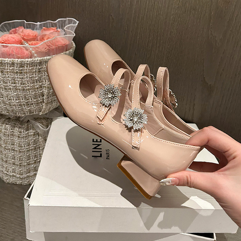 (No Restock) ~ French Square-Toe Rhinestone Chunky Heel Mary Jane Shoes for Women, Wedding Shoes, Low Heel, Double Rhinestone Buckle Strap