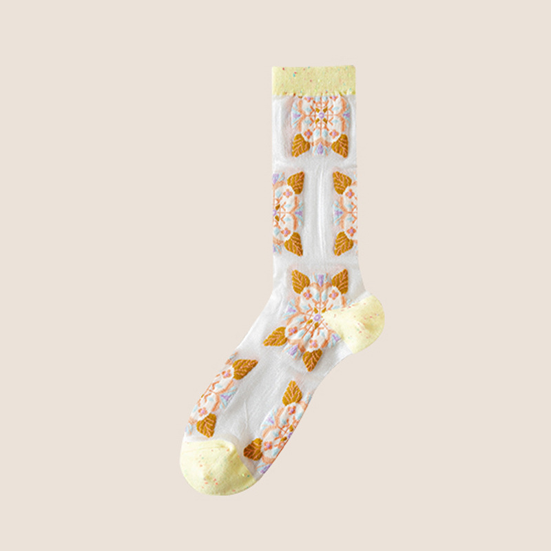 Calzini estivi sottili da donna 2025d 2025d, a metà polpaccio, alla moda, stile foresta floreale, in seta di vetro traspirante, calzini JK_voghion.com