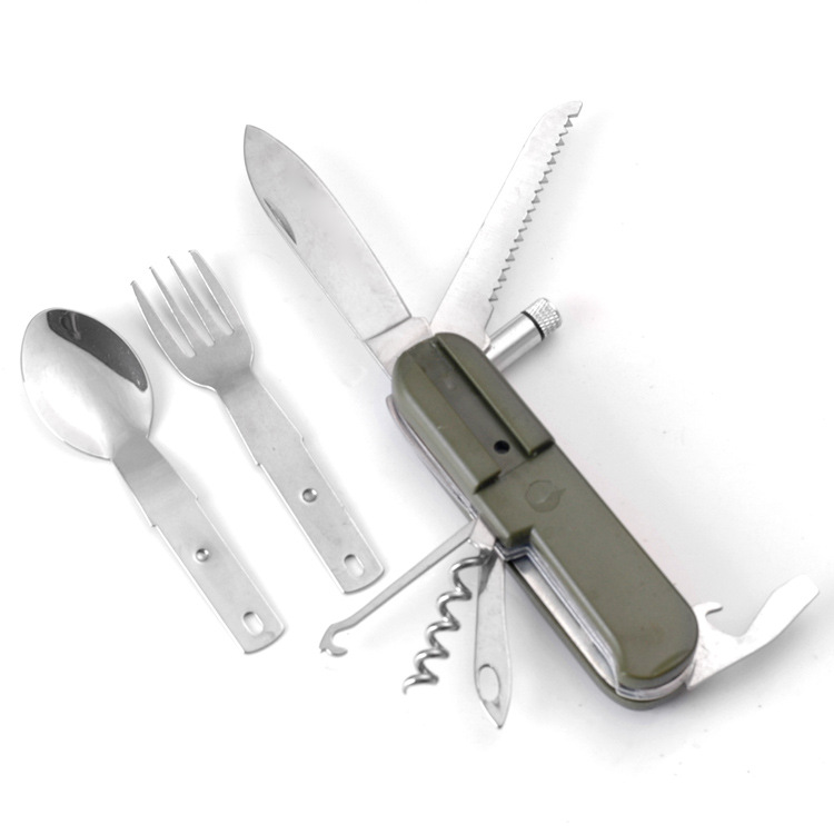户外礼品 不锈钢组合餐叉带灯 多功能开 多用途组合折叠刀