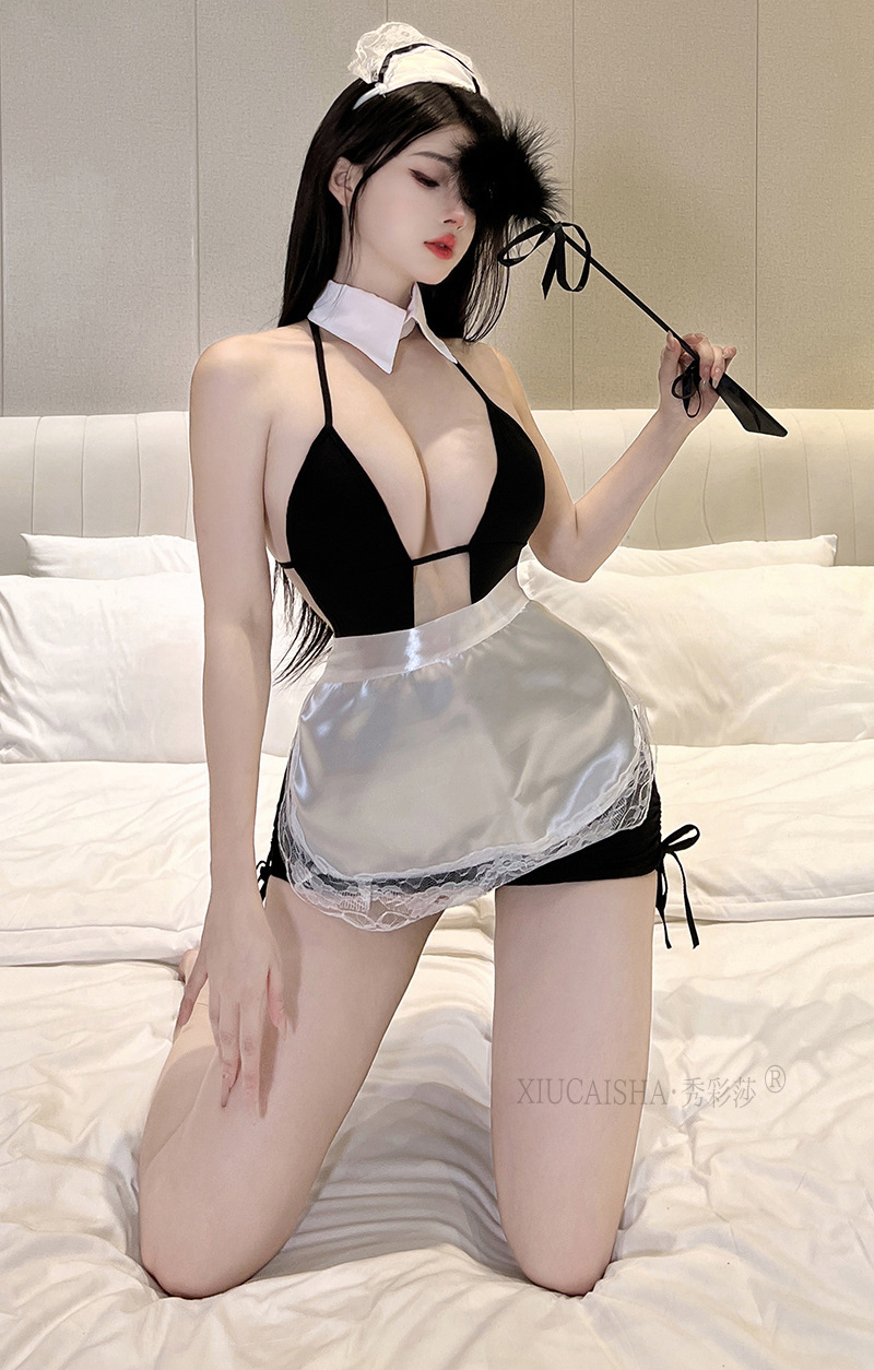 Maid Roleplay Lingerie Set with Apron, Headpiece and Thong, See-Through Polyester Uniform — detail image 10