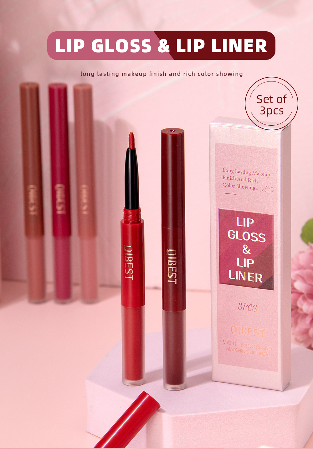 QIBEST Cross-border Two-in-one Lip Gloss and Lip Liner Pen Waterproof matte Velvet Non-smudging Double-head Lip gloss Set wholesale details Picture