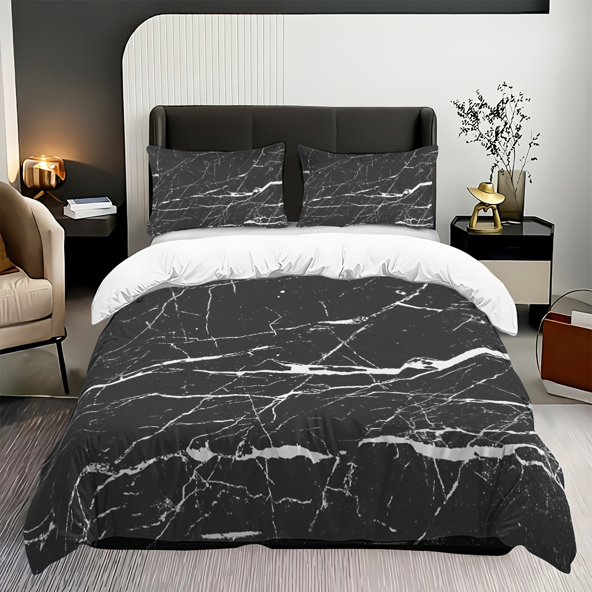 TEMU / JIT negro y blanco textura de mármol molienda impresión digital kit de colcha de tela para el hogar se puede diseñar