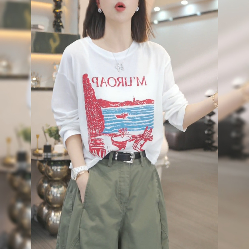 White Printed Thin Sun Protection T-Shirt Women's Summer Air-Conditioned Blouse New Casual Versatile Loose Top